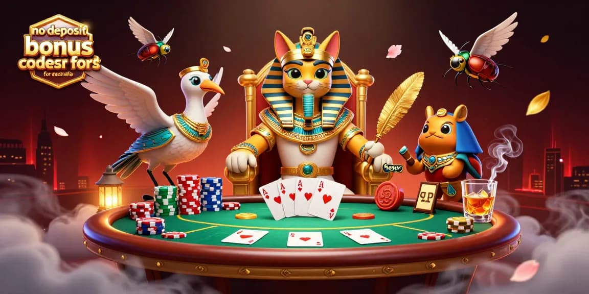 No deposit bonus codes for Australia showcased in a dynamic casino scene with Egyptian-themed characters and poker elements.
