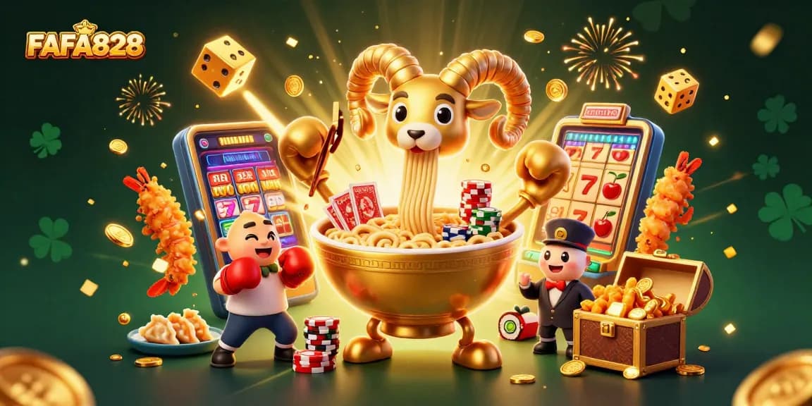 FAFA828 showcases lively characters in an engaging casino scene filled with dynamic slot elements and vibrant colors.