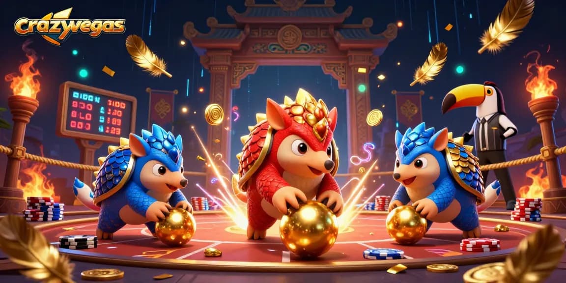 Crazyvegas features a dynamic scene of rival pangolins bowling through poker chips, showcasing a lively casino atmosphere.