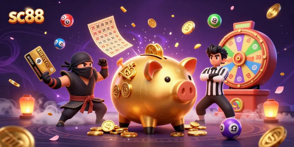 Play exciting lottery games at sc88 with dynamic casino illustrations, featuring vibrant characters and elements.