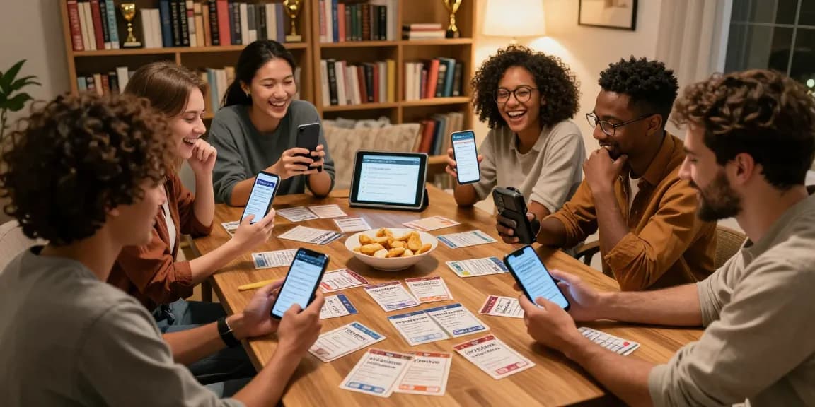 Friends enjoying a fun trivia night, testing their Quiz Allgemeinwissen with cards and devices in a cozy study.