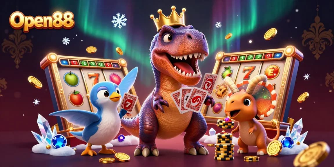 Experience excitement with Open88's vibrant casino scene featuring fun characters and dynamic slot game elements.