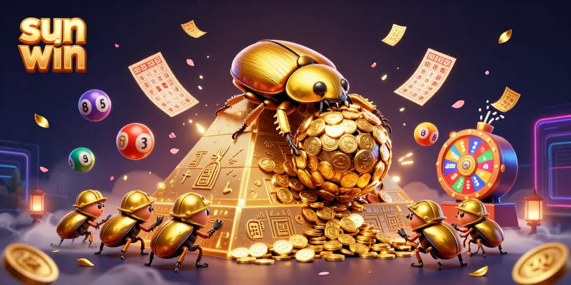 Engage in thrilling plays with sun win as golden beetles roll coins amid vibrant symbols!