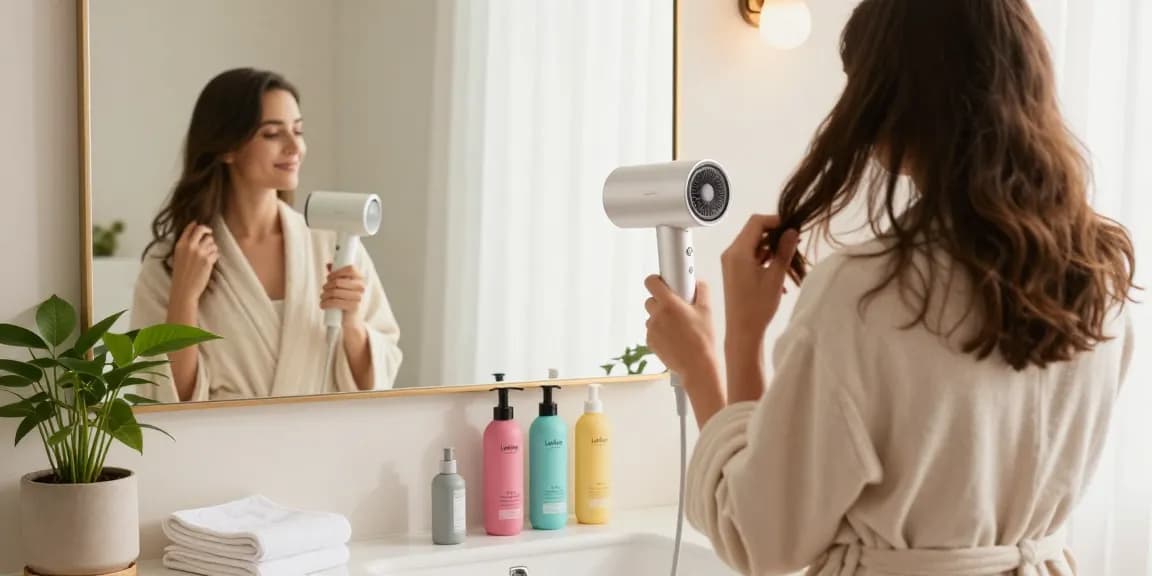 Laifen-Föhn in einem einladenden Badezimmer, während eine Person ihre Haare trocknet und Styling-Produkte verwendet.