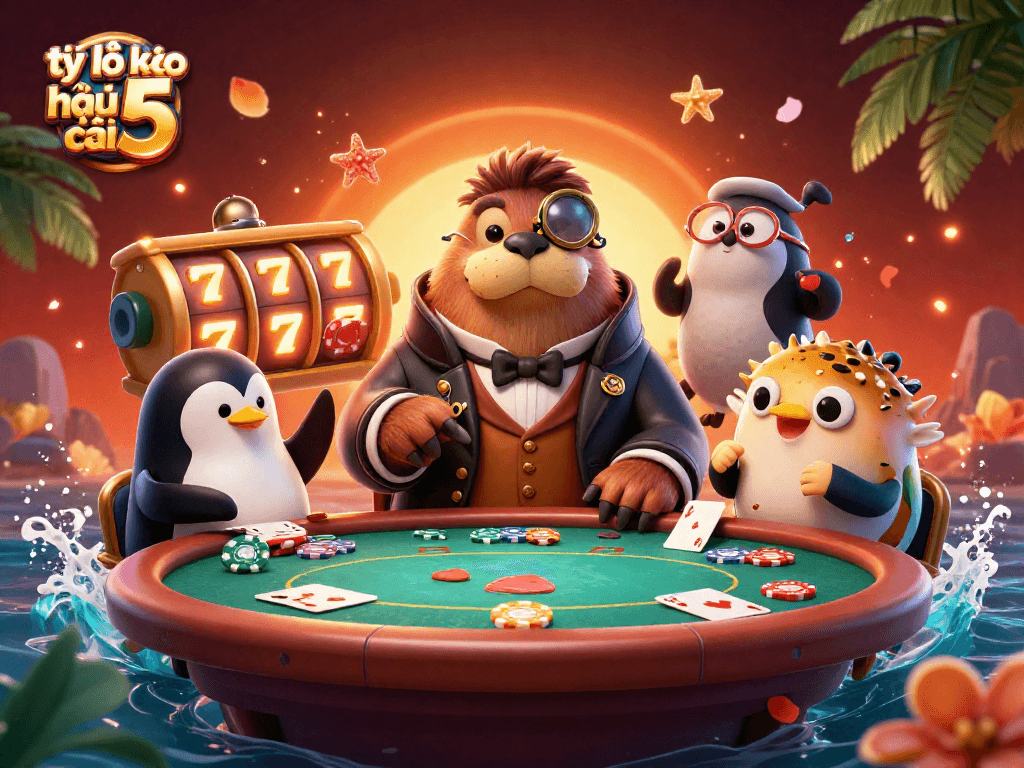 Engage with tỷ lệ kèo nhà cái 5 through a vibrant underwater poker scene featuring a walrus, penguin dealer, and pufferfish.