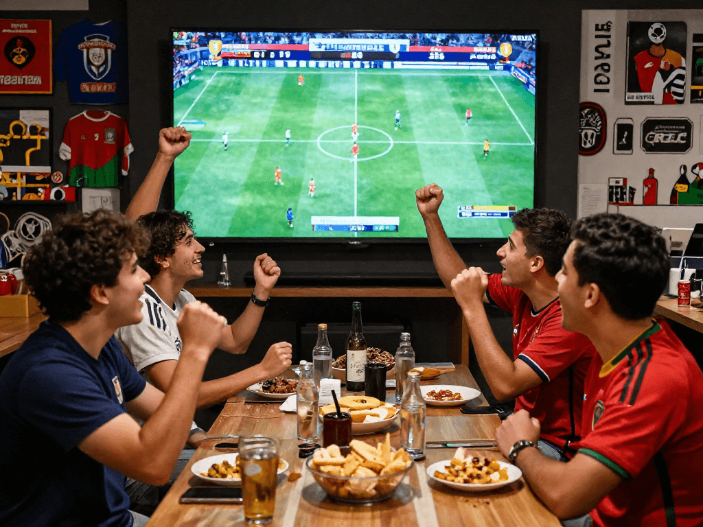 Fussball WM Wettanbieter: Freunde jubeln und feiern beim Anschauen der FIFA-Weltmeisterschaft 2026.