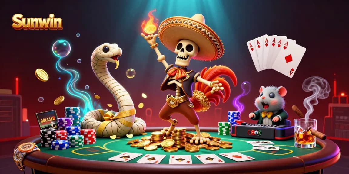 Experience the excitement at Sunwin, where vibrant characters celebrate riches in a dynamic casino scene.