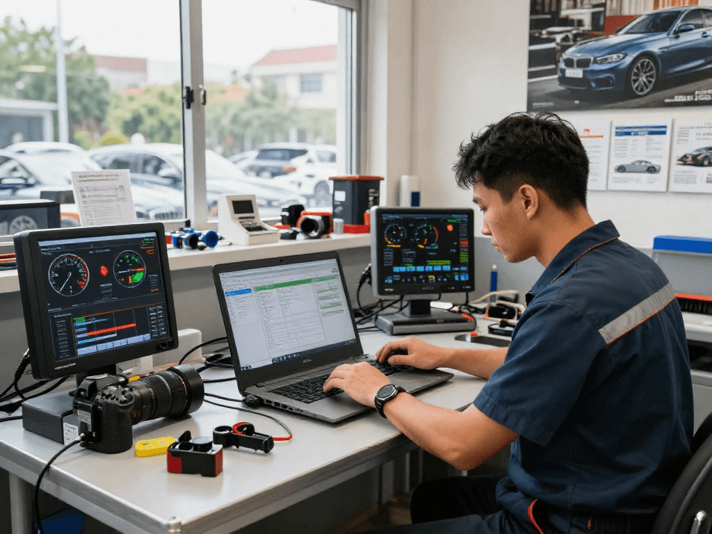 Chiptuning Hannover - Mechaniker optimiert BMW Motor in moderner Werkstatt
