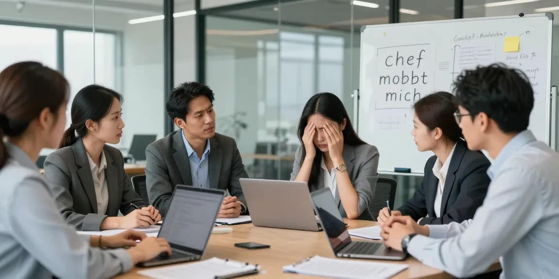 Professionals diskutieren über das Thema Chef mobbt mich in einem modernen Büro.