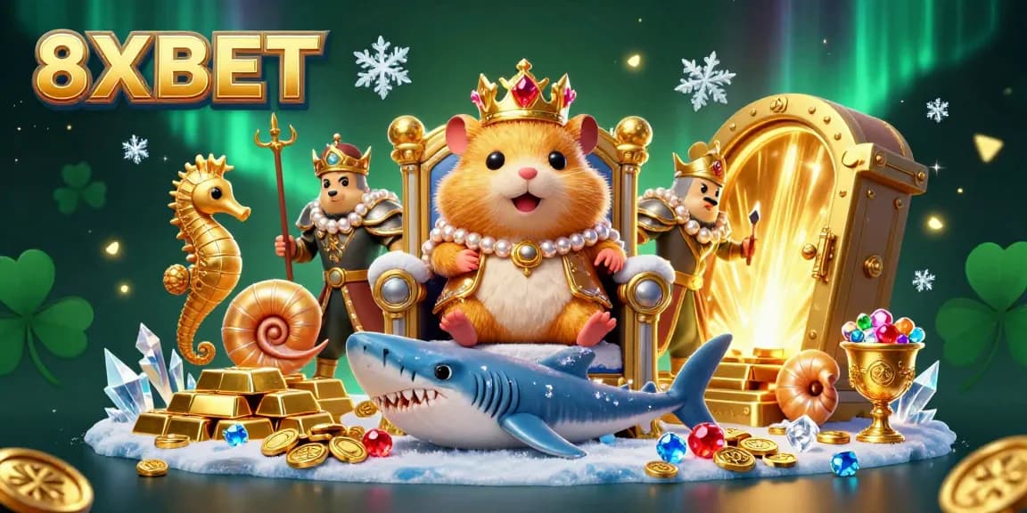 Experience the excitement of 8XBET with a golden hamster king in a 3D illustrated casino treasure scene.