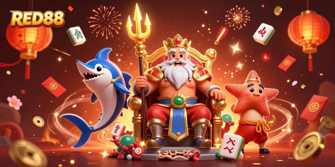 Experience the thrill of RED88 casino with dynamic game elements and vibrant 3D illustration.
