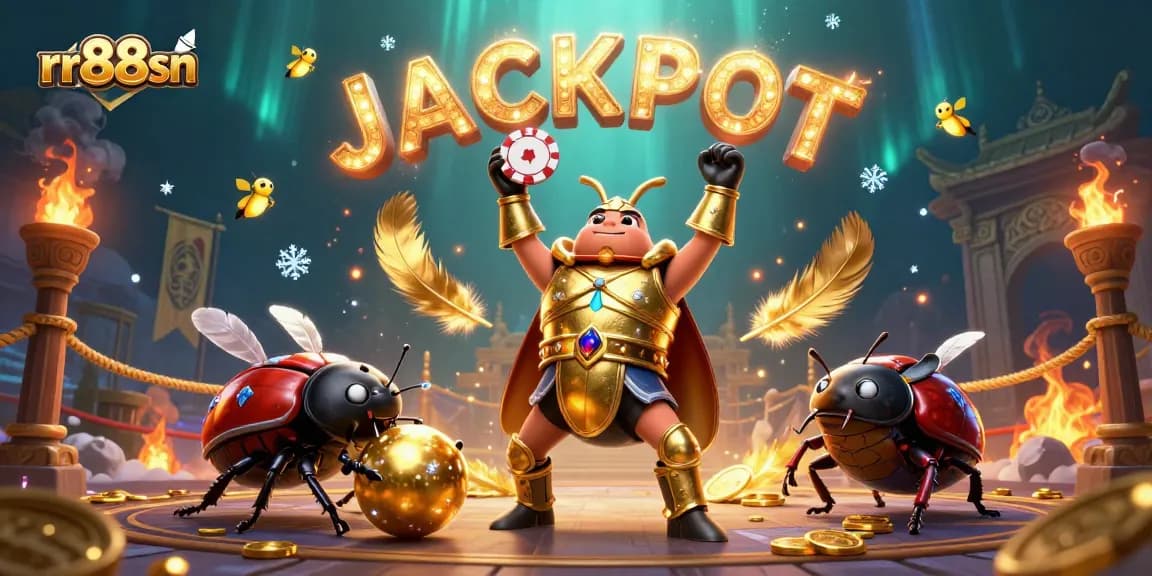 Experience gaming excitement at rr88sn with a dynamic illustration featuring beetles and jackpot themes.