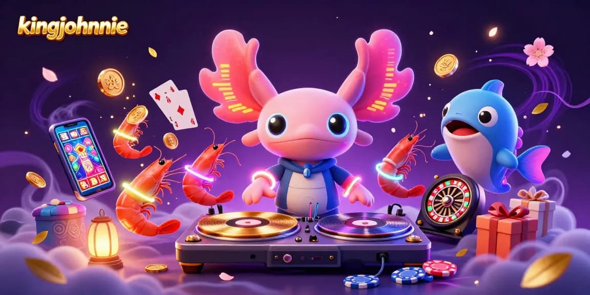Spin the reels at kingjohnnie's vibrant 3D casino scene with a neon axolotl DJ and gold coins.