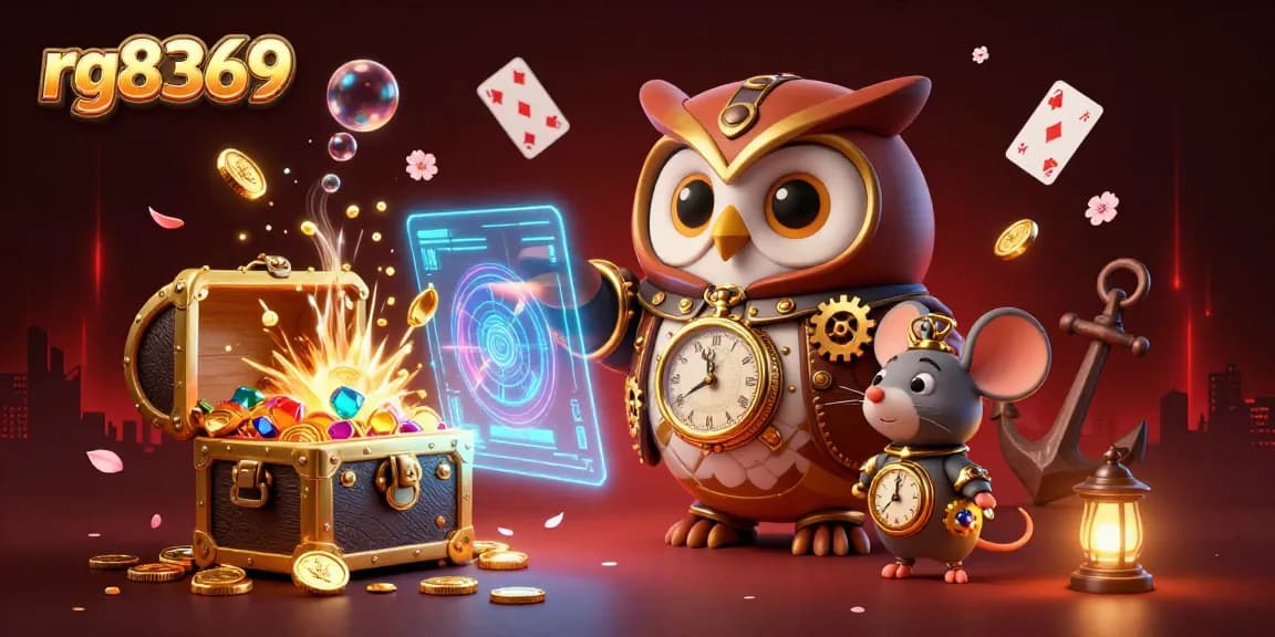 Engage in the thrilling adventures at rg8369 with a time-traveler owl and animated casino elements.