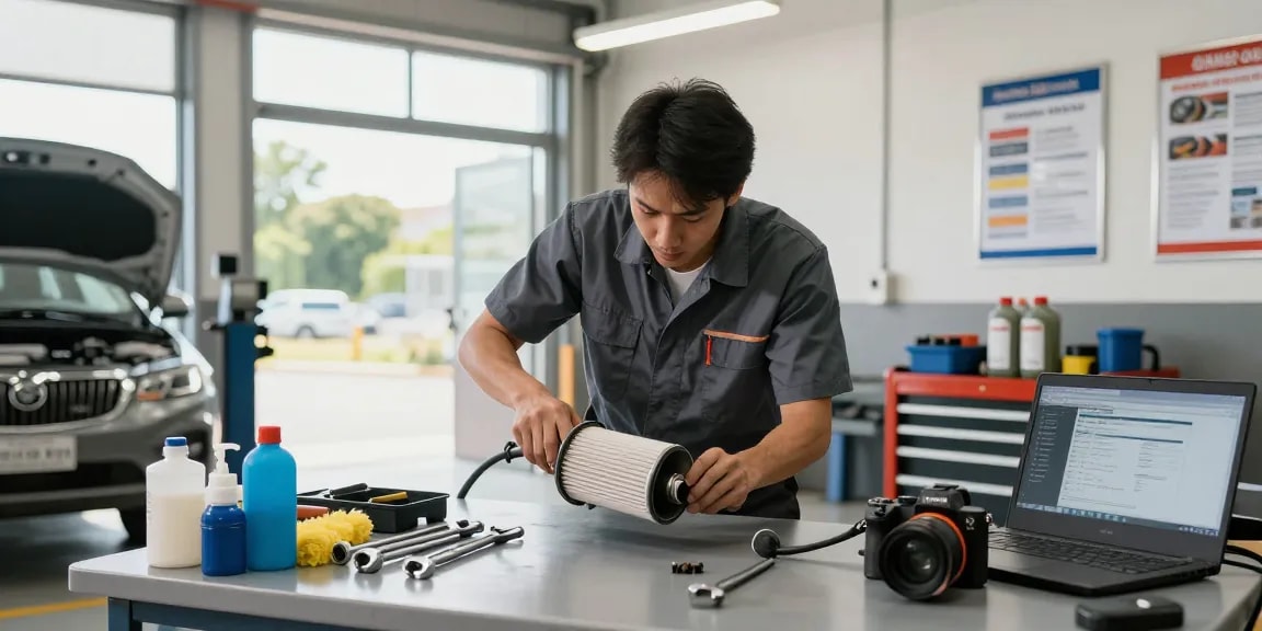 Mechaniker reinigt DPF in Werkstatt, professionelle Ausrüstung für DPF reinigen gut sichtbar