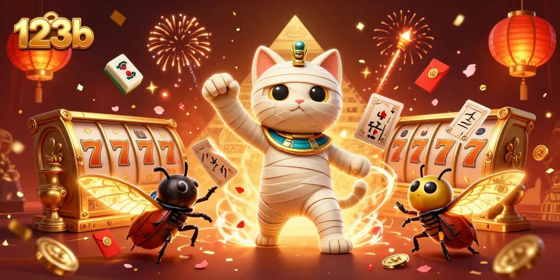 Experience thrilling gaming with 123b featuring a cartoon mummy cat and vibrant slot elements for an exciting casino atmosphere.