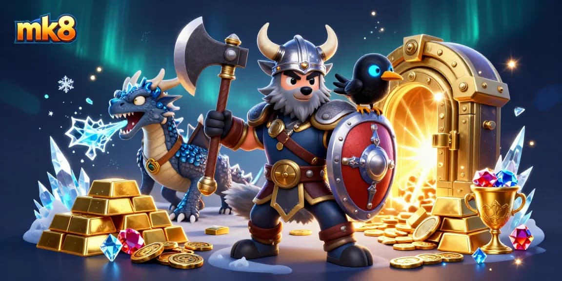 Experience immersive mk8 gaming action with a Viking warrior, dragon, and treasures in a dynamic casino scene.