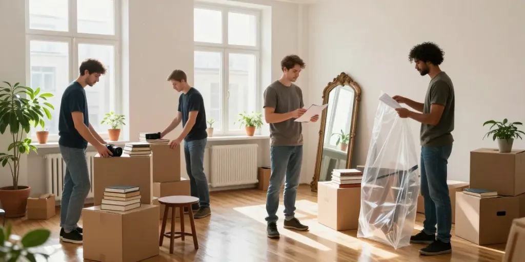 Professionelle Wohnungsauflösung in Berlin Friedrichshain mit einem Team, das sorgfältig Haushaltsgegenstände sortiert.
