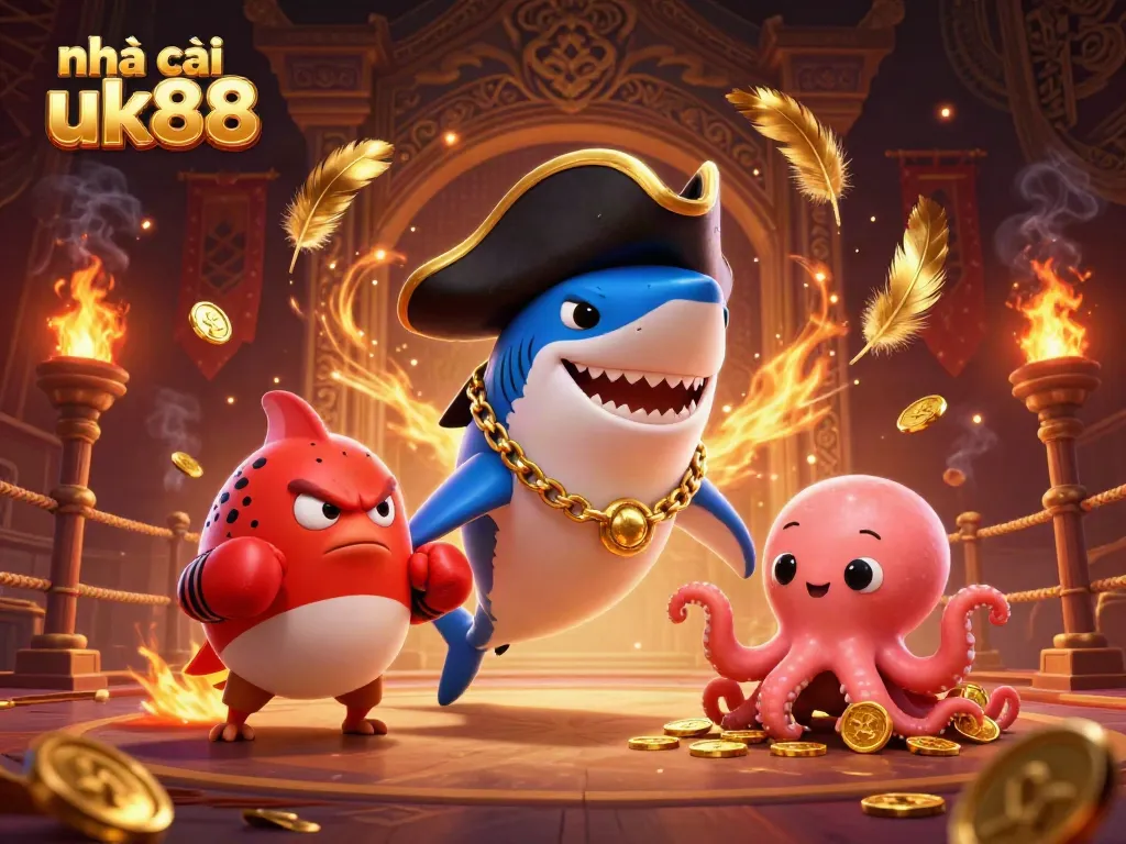 Experience the excitement of nhà cái uk88 with a dynamic scene filled with playful characters and gambling elements.