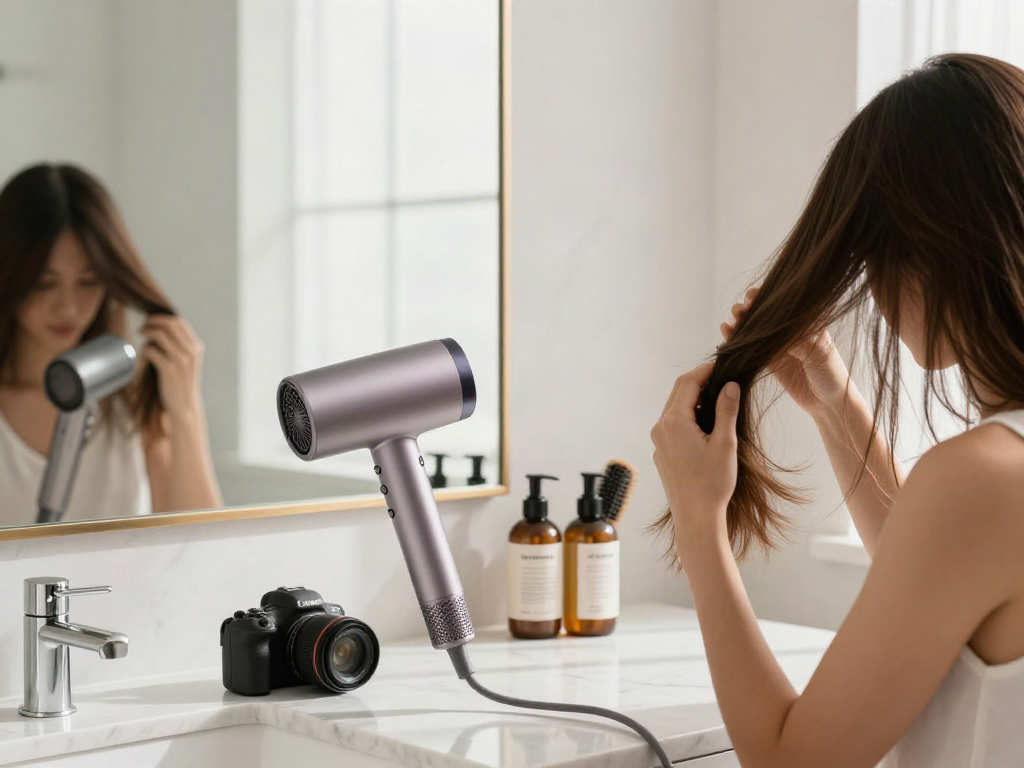 Hochwertiger Ionen-Haartrockner auf Marmorplatte im eleganten Badezimmer mit Styling-Produkten.