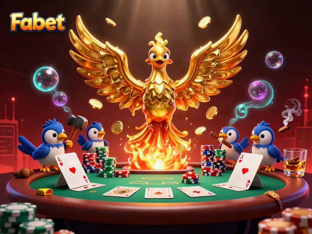 Engage with Fabet's exciting gambling experience featuring a golden phoenix and poker elements.