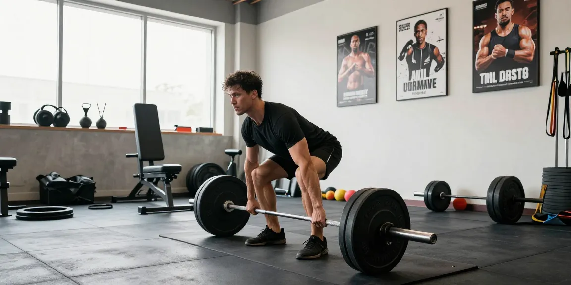 Selliza Shop: Athlet bei einem Deadlift im modernen Fitnessstudio mit motivierenden Postern.