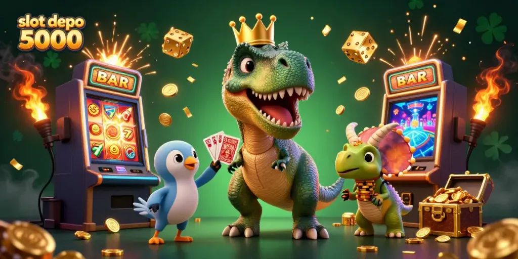 Experience the excitement of slot depo 5000 with a playful T-Rex shuffling cards and a vibrant casino scene.