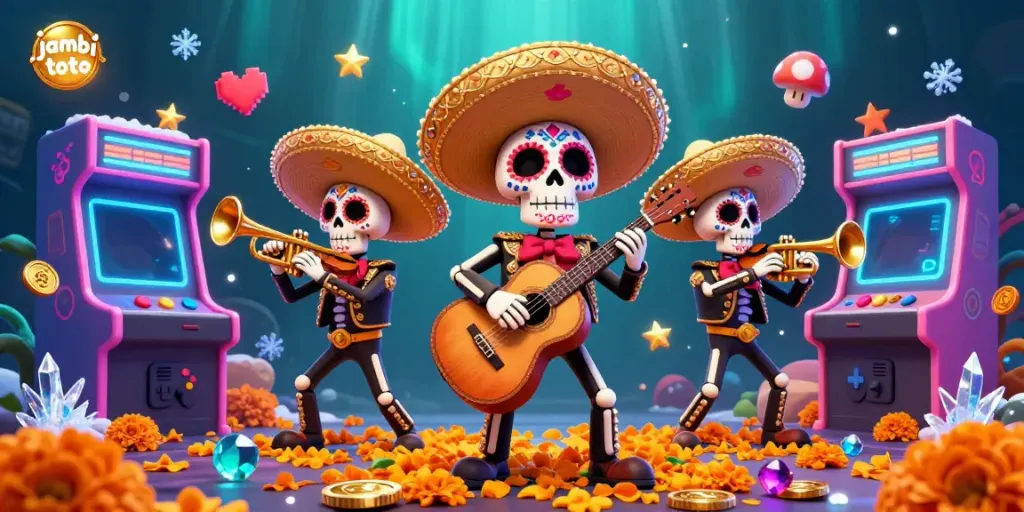Experience the vibrant jambi toto scene with mariachi band and gaming elements in dynamic action.