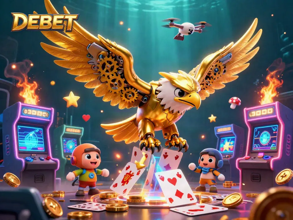 DEBET offers players an immersive experience with a golden eagle amid vibrant gambling elements.