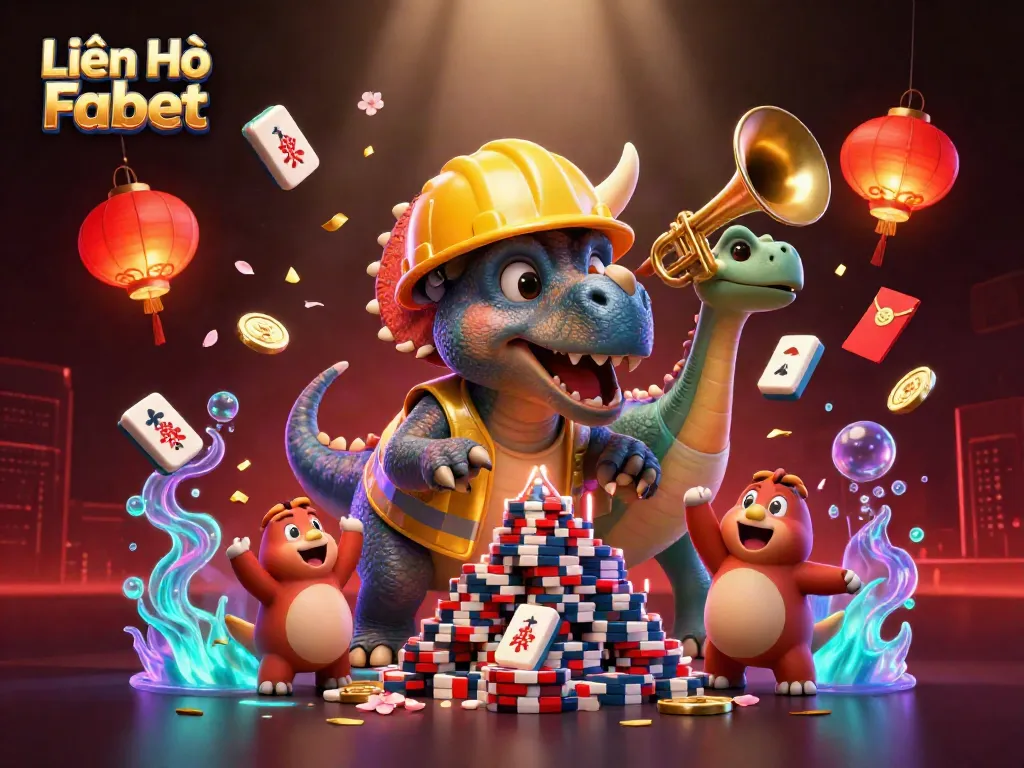 Engage with Liên Hệ Fabet through a vibrant 3D cartoon scene celebrating online gaming.