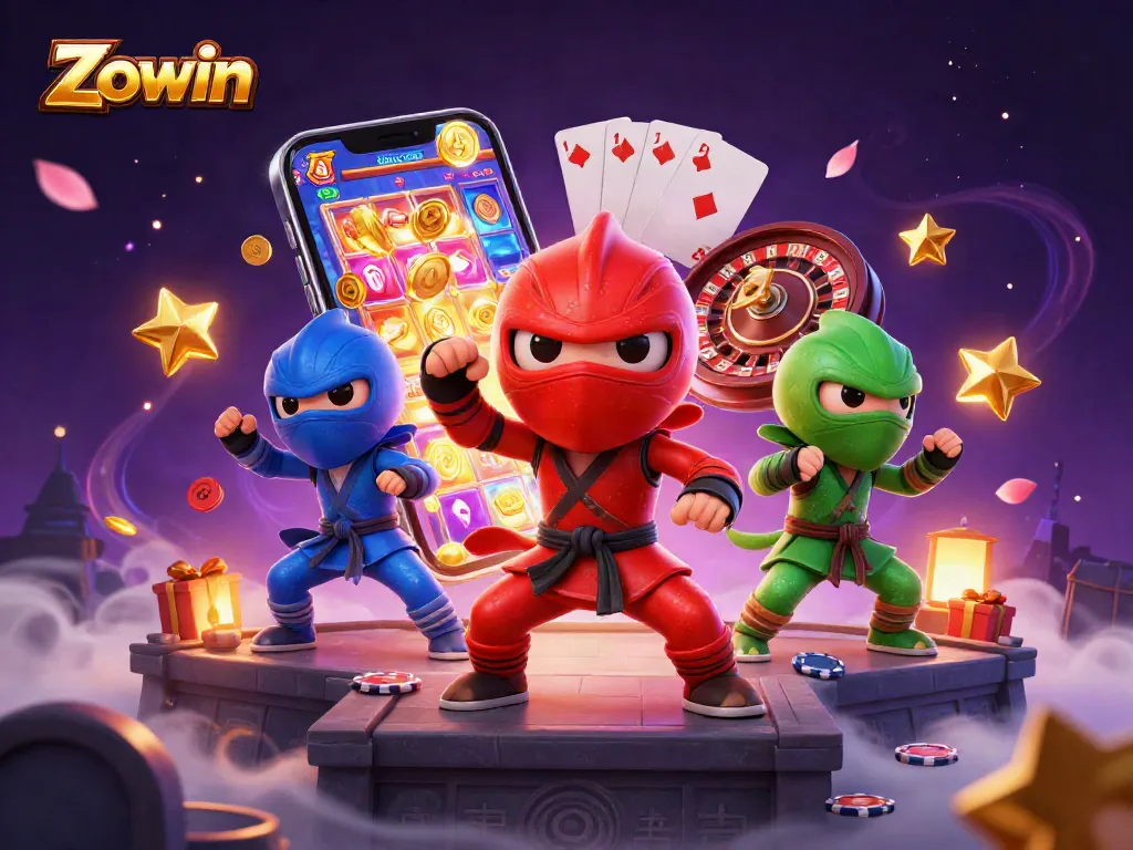 Zowin ninja chameleons showcase thrilling gaming elements amidst vibrant casino atmosphere.
