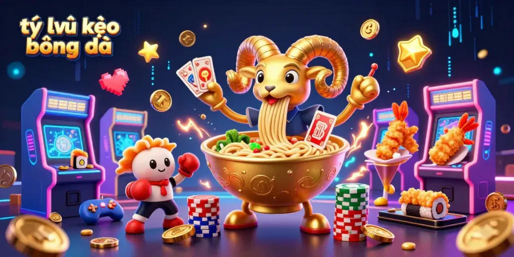 Tỷ lệ kèo bóng đá illustrated with a playful ramen bowl dealer surrounded by vibrant casino elements.