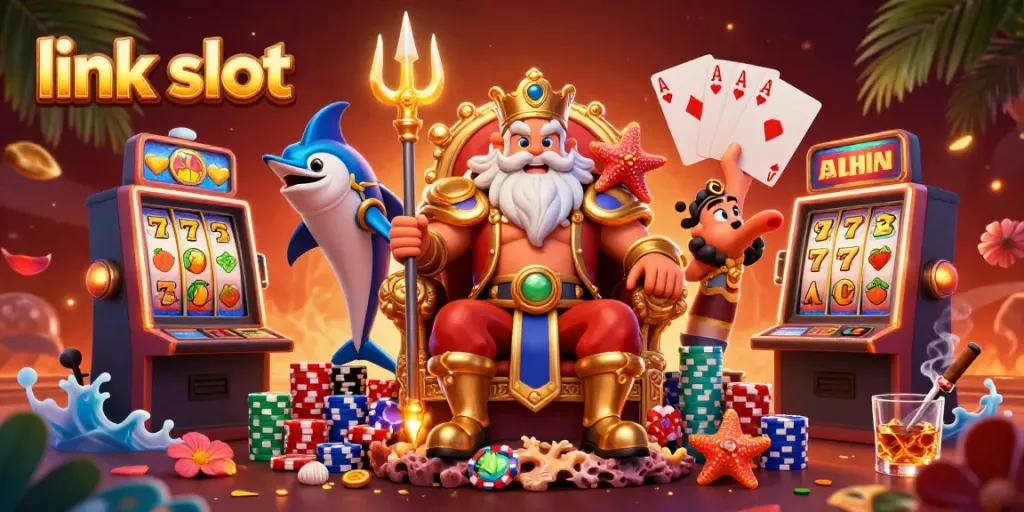 Experience excitement with the link slot theme featuring Neptune and vibrant casino elements.