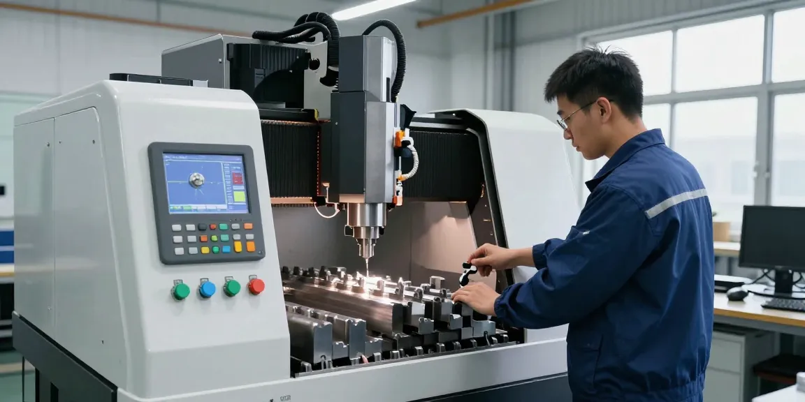 Präzisionstechnik in der CNC-Bearbeitung, Techniker bei der Arbeit an einer modernen Maschine
