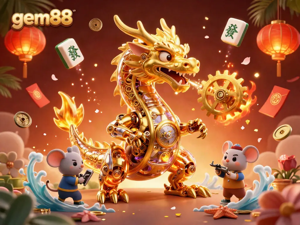 Experience thrilling gameplay with gem88, featuring a dynamic cartoon dragon and vibrant casino elements.
