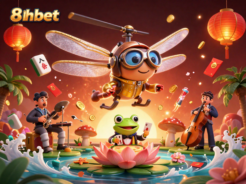 Experience thrilling gameplay at 8xbet with dragonfly pilots, frog dealers, and festive casino fun!