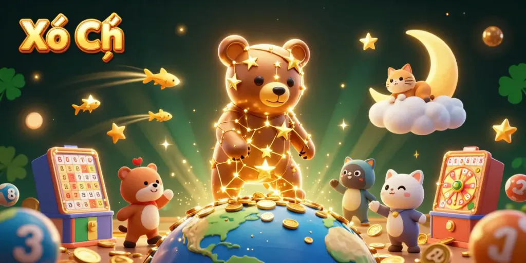 Experience Xổ Số excitement with vibrant characters and lottery elements in a magical scene.