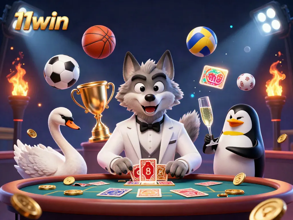 Experience exciting baccarat at 11win, featuring a debonair wolf, an elegant swan, and a sophisticated penguin amidst dynamic casino action.