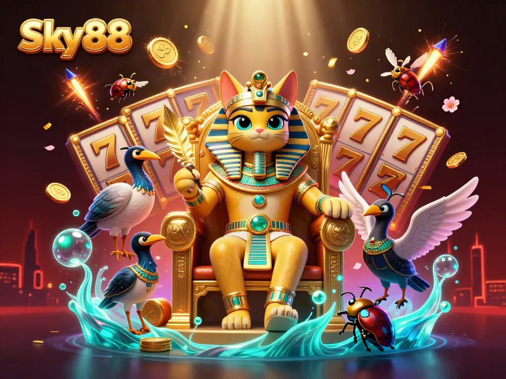 Sky88 showcases an energetic pharaoh cat and scribe surrounded by vibrant slot elements and jewels in a casino setting.