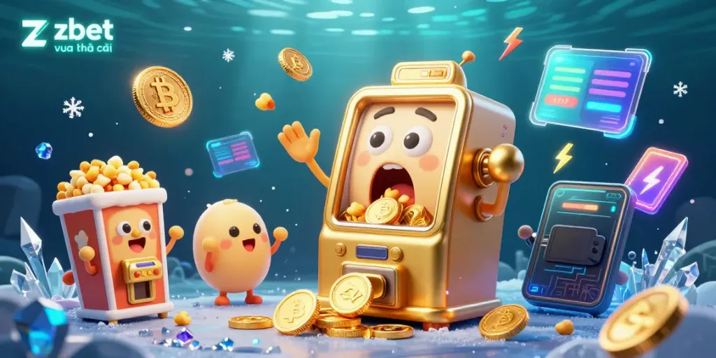 Witness the zbet vua nhà cái slot machine hitting a jackpot amidst a festive casino scene, filled with coins and crypto elements.
