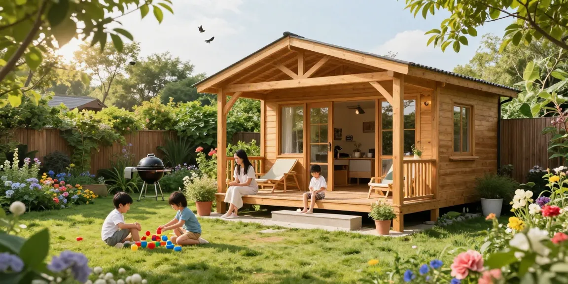 Familie beim Gartenhaus kaufen, entspannen im Garten mit blühenden Pflanzen.