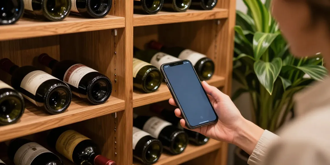 Wein scannen App in einer eleganten Weinkellerumgebung mit einer Person, die ihre Sammlung prüft.