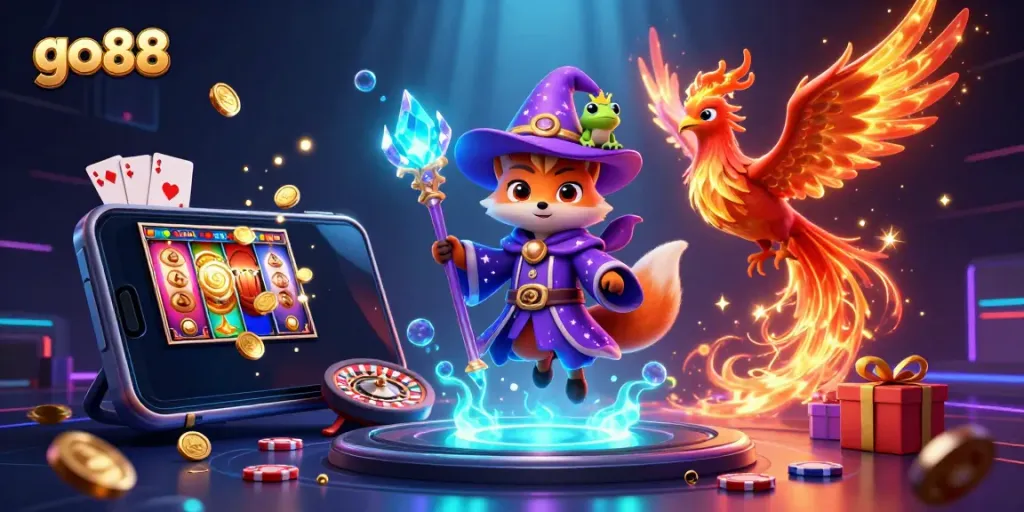 Experience the magic of go88 with a mystical wizard fox, a phoenix, and vibrant casino elements.