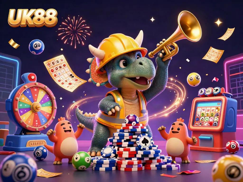 Celebrate casino games with UK88, featuring a vivid scene of cartoon characters and gambling elements.