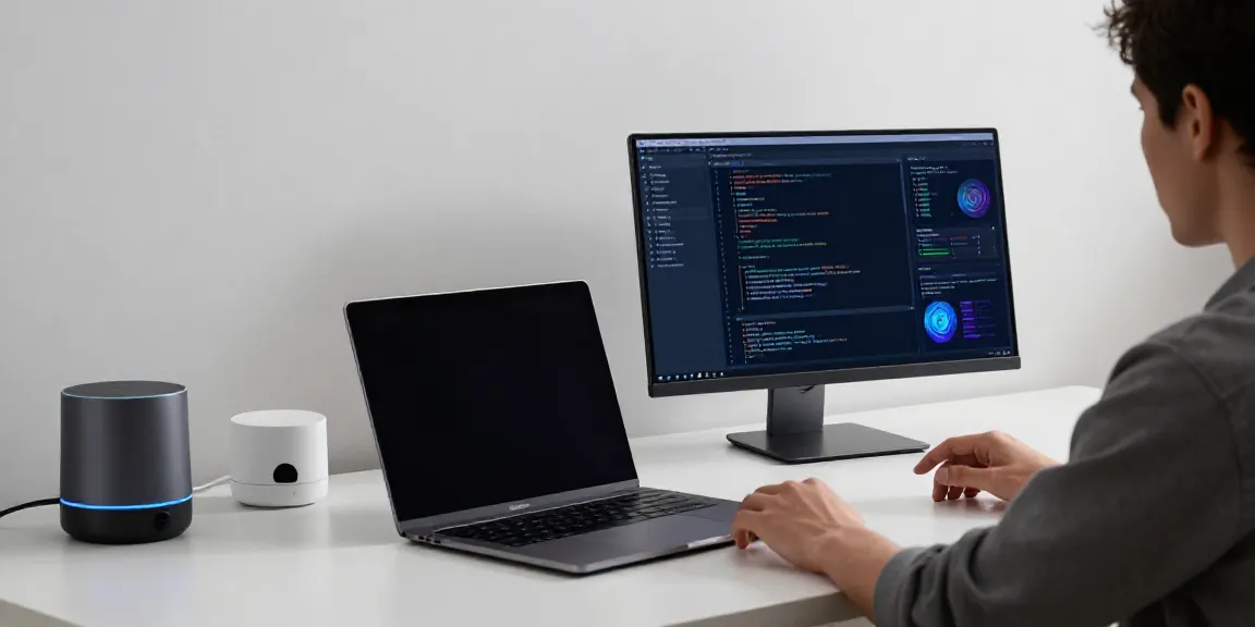 Innovative Gadgets für Softwareentwicklung und KI-Technologie in modernem Arbeitsplatz.