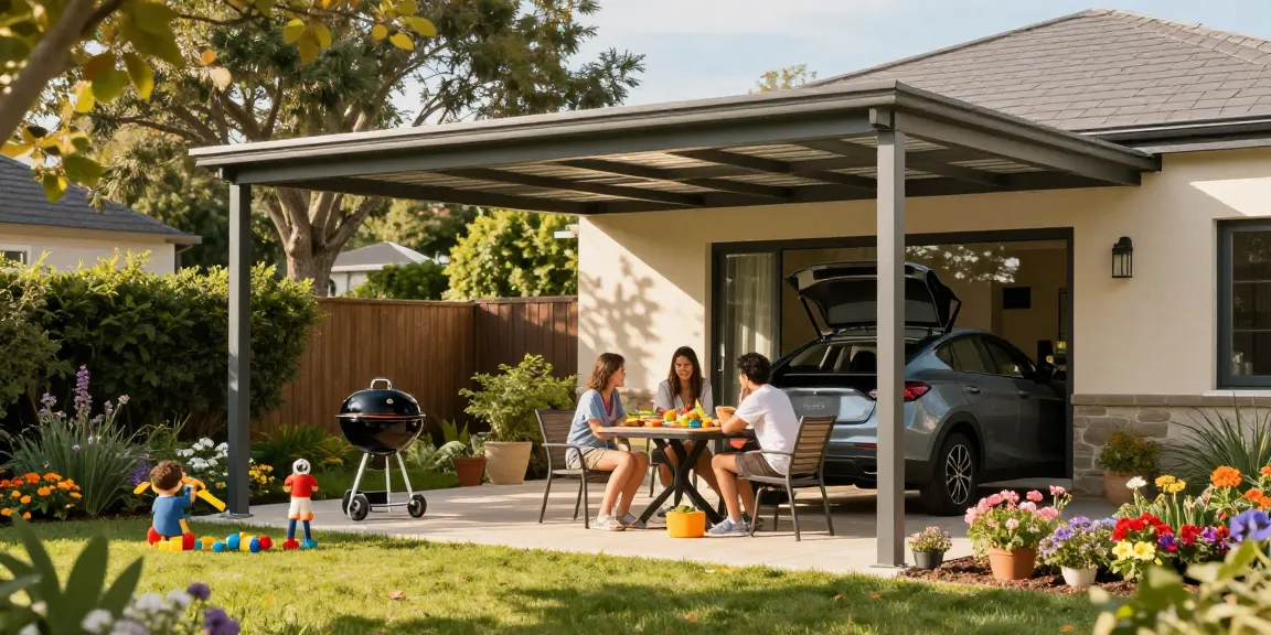 Moderne Carport, der ein Fahrzeug schützt, während eine Familie im Garten entspannend grillt.