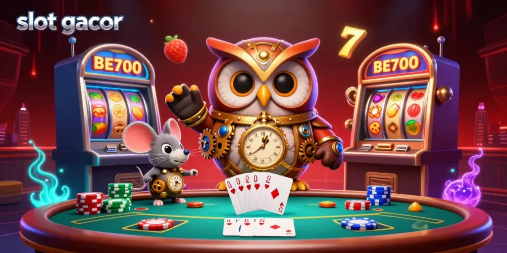 Experience thrilling jackpot moments with slot gacor in this vibrant steampunk casino scene featuring lively animated characters.