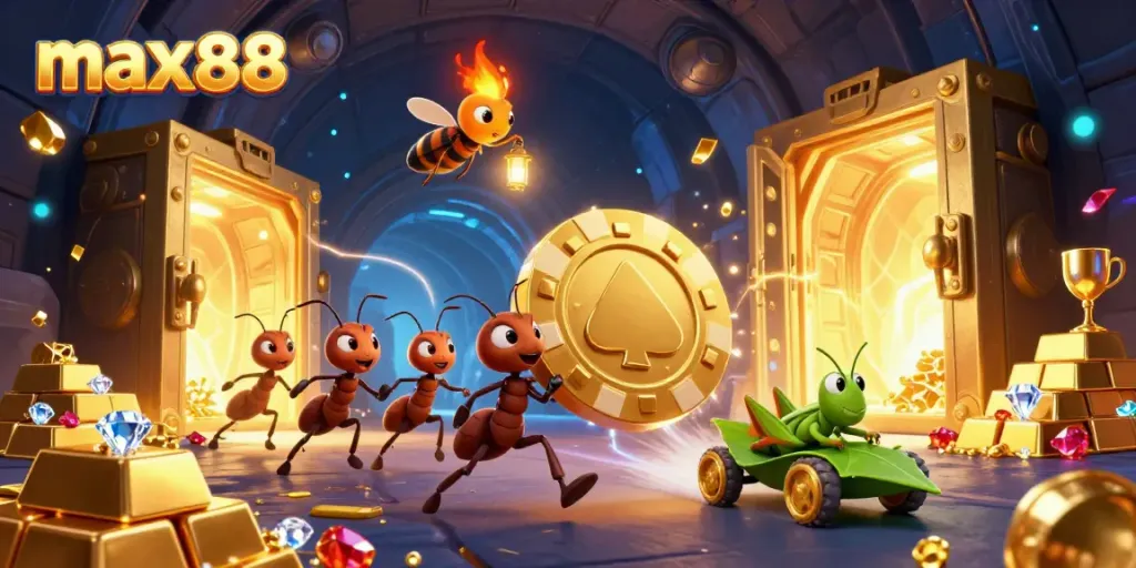 Experience the thrill of max88 with ants carrying a giant poker chip in an underground heist scene.