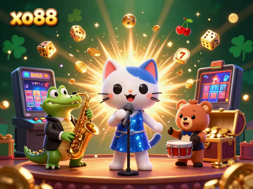 Experience the vibrant and exciting atmosphere of xo88 with a lively casino scene featuring cartoon characters and jackpot elements.