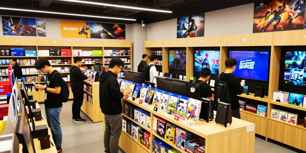 rokok88 game store bustling with customers exploring new releases and merchandise.